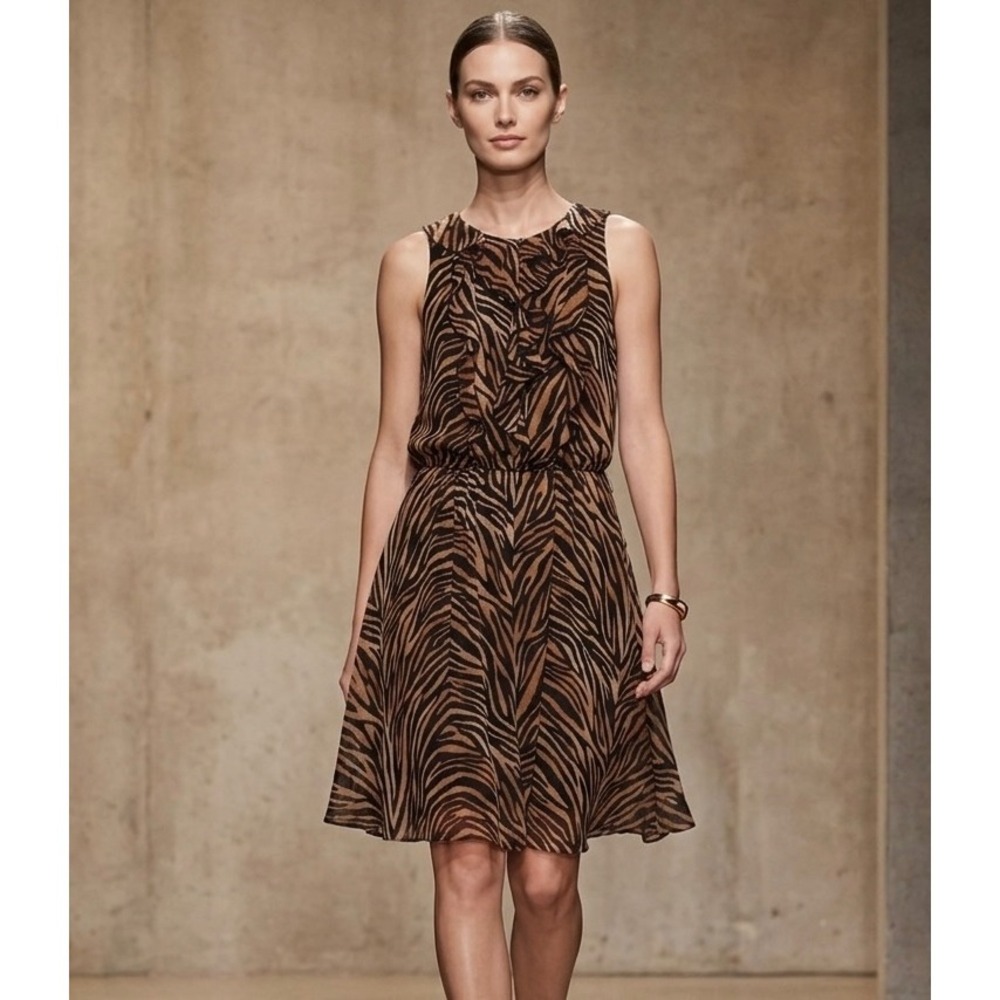 White House Black Market Womens Silk Tiger Print Ruffle Dress Brown Size 0 Party